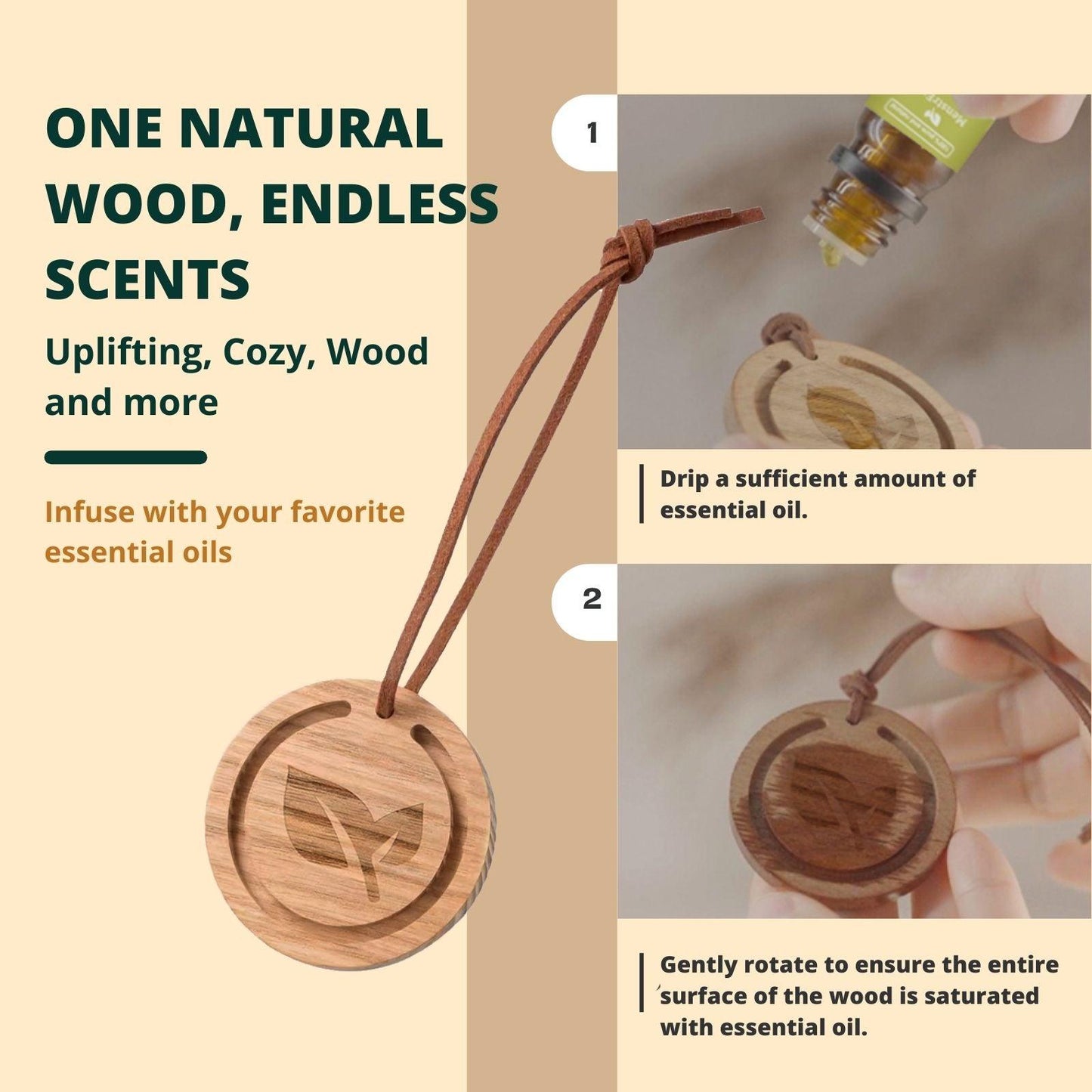 Natural Wood Essential Oil Diffuser for Car, Home, Office & Closet, Round Passive Scent Diffuser, No Heat or Water Needed
