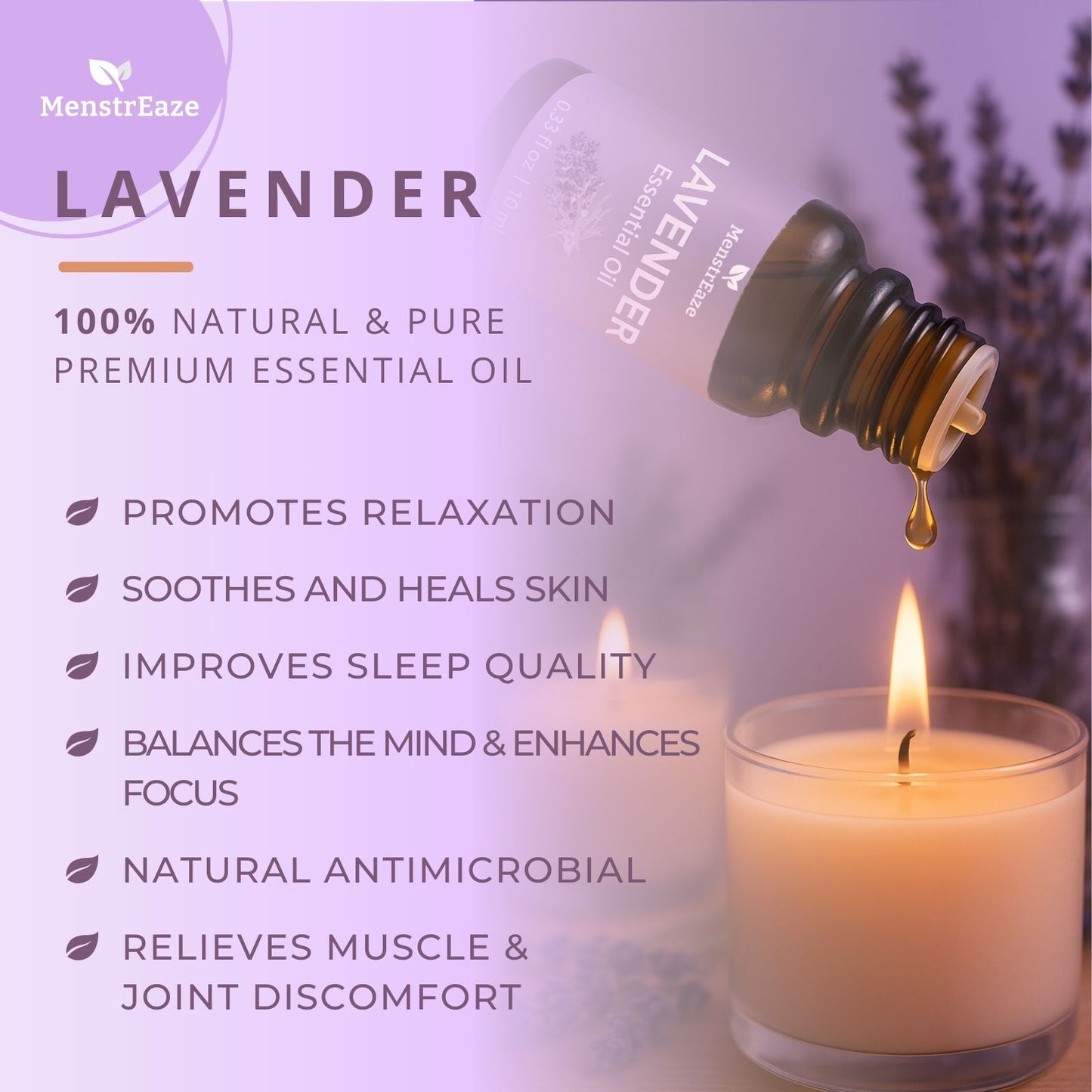 Lavender Essential Oil Dropper Bottle for Home Aromatherapy, Scented Candle and Body Massage, 10ml