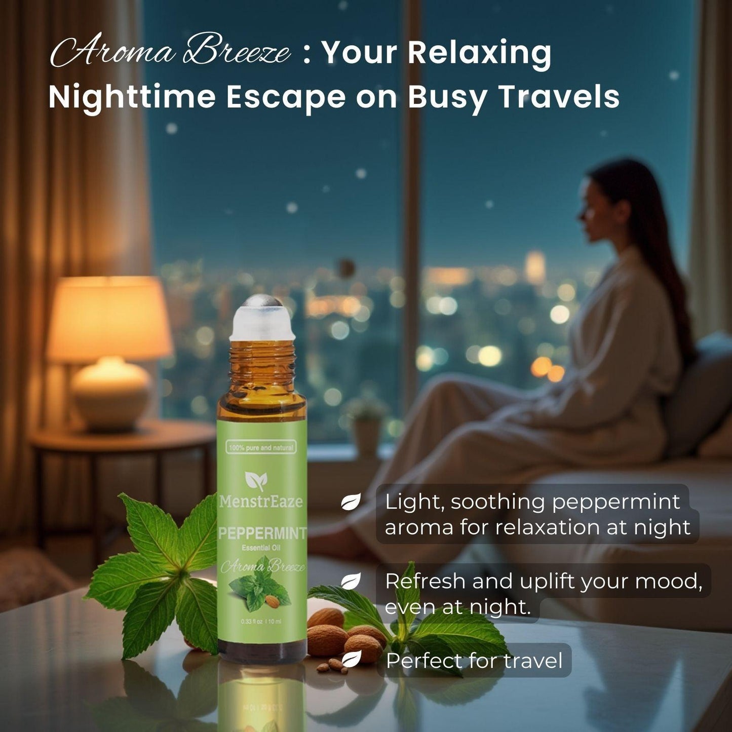 100% natural and pure peppermint oil blended with sweet almond oil and ready for use, perfect for travel