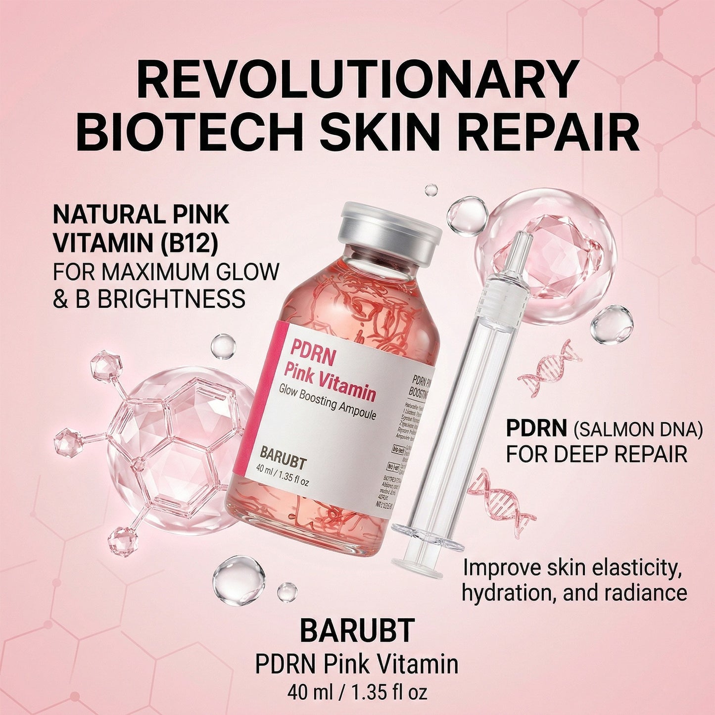 PDRN Pink Vitamin Glow Boosting Ampoule for Cellular Repair, Hydration & Radiance, 1.35 fl oz